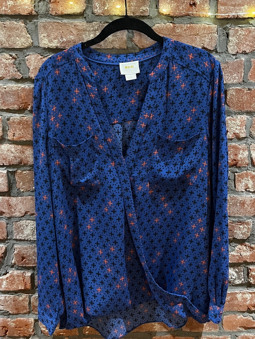 Maeve Navy Blouse with Black and Coral Star Print